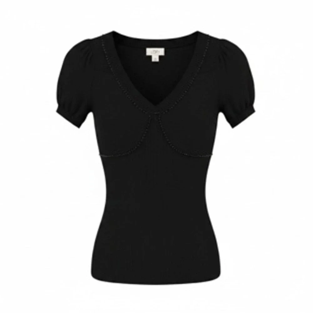 Ann‎ Taylor Loft Black Beaded V-Neck Puff Sleeve Knit Top XS